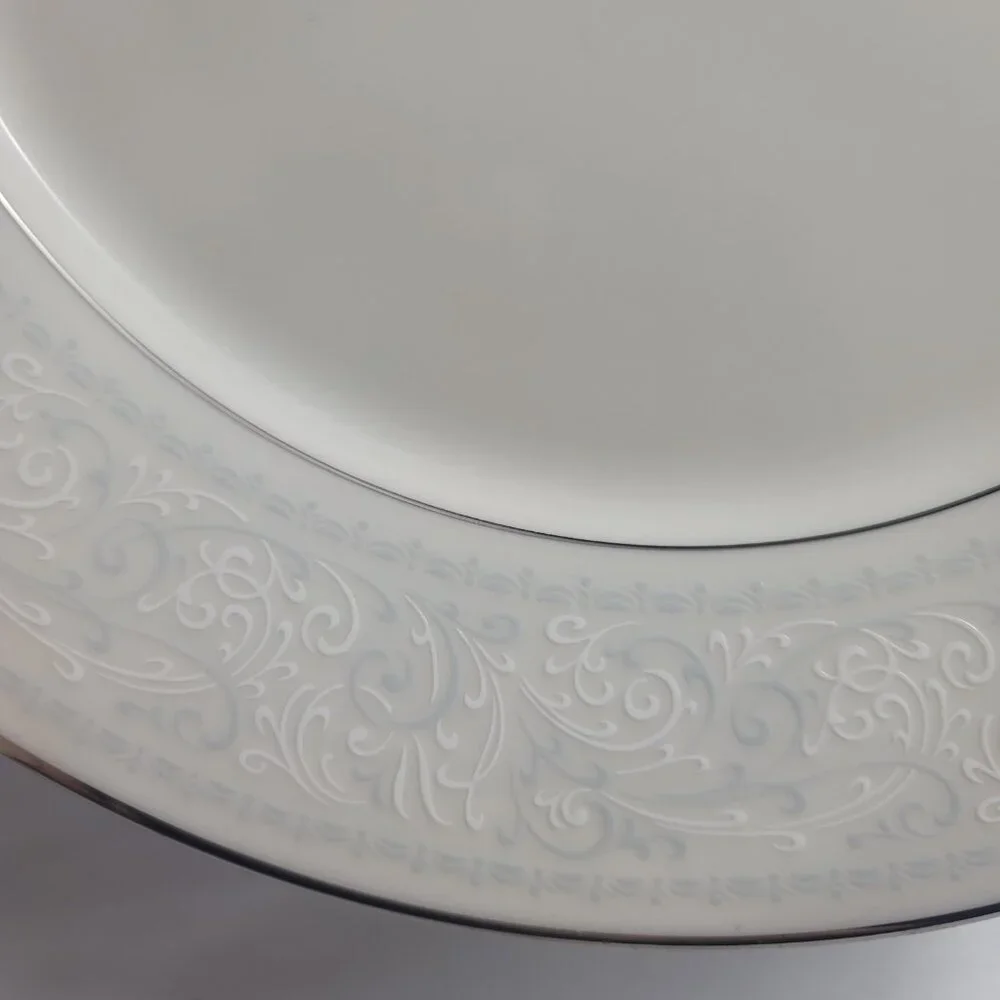 TWO Noritake Trudy Dinner Plates Ivory with Blue & White Scrolls 7087